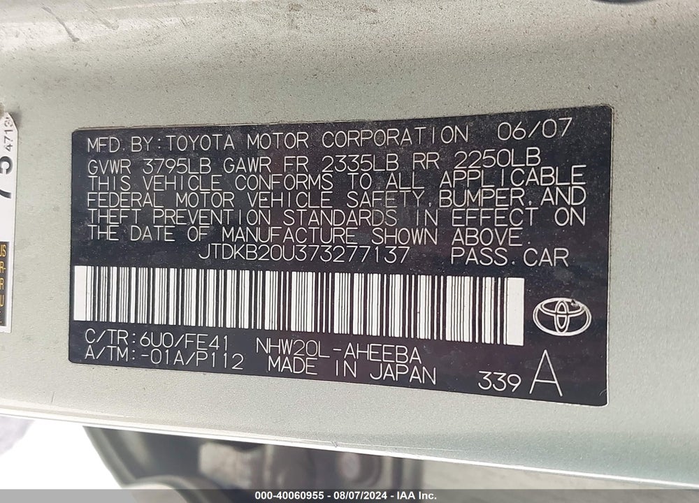 2007 TOYOTA PRIUS VIN: JTDKB20U373277137