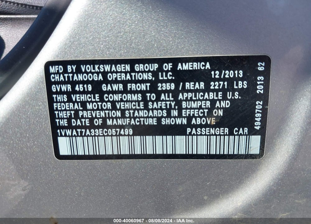 2014 VOLKSWAGEN PASSAT 1.8T WOLFSBURG EDITION VIN: 1VWAT7A33EC057499