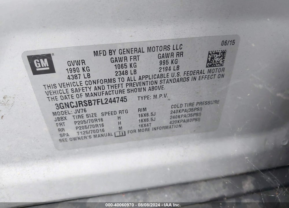 2015 CHEVROLET TRAX LT VIN: 3GNCJRSB7FL244745