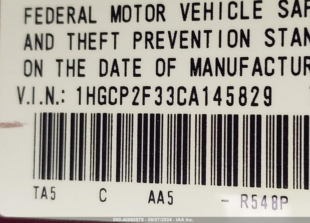 2012 HONDA ACCORD VIN: 1HGCP2F33CA145829
