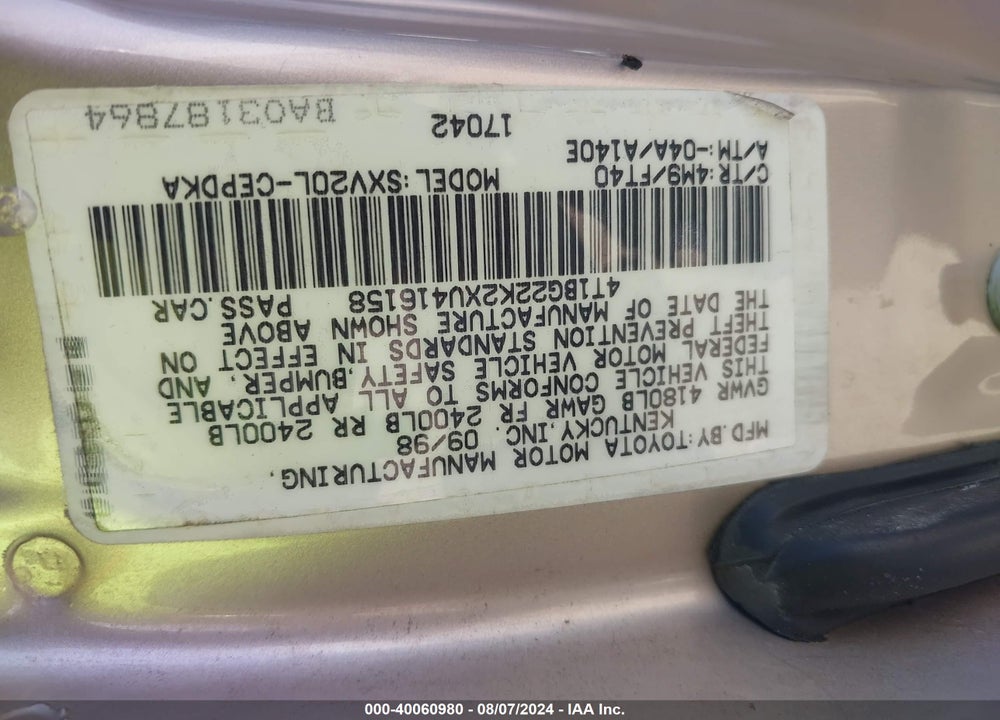 1999 TOYOTA CAMRY CE VIN: 4T1BG22K2XU416158