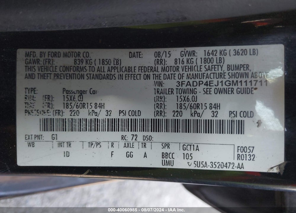 2016 FORD FIESTA SE VIN: 3FADP4EJ1GM111711