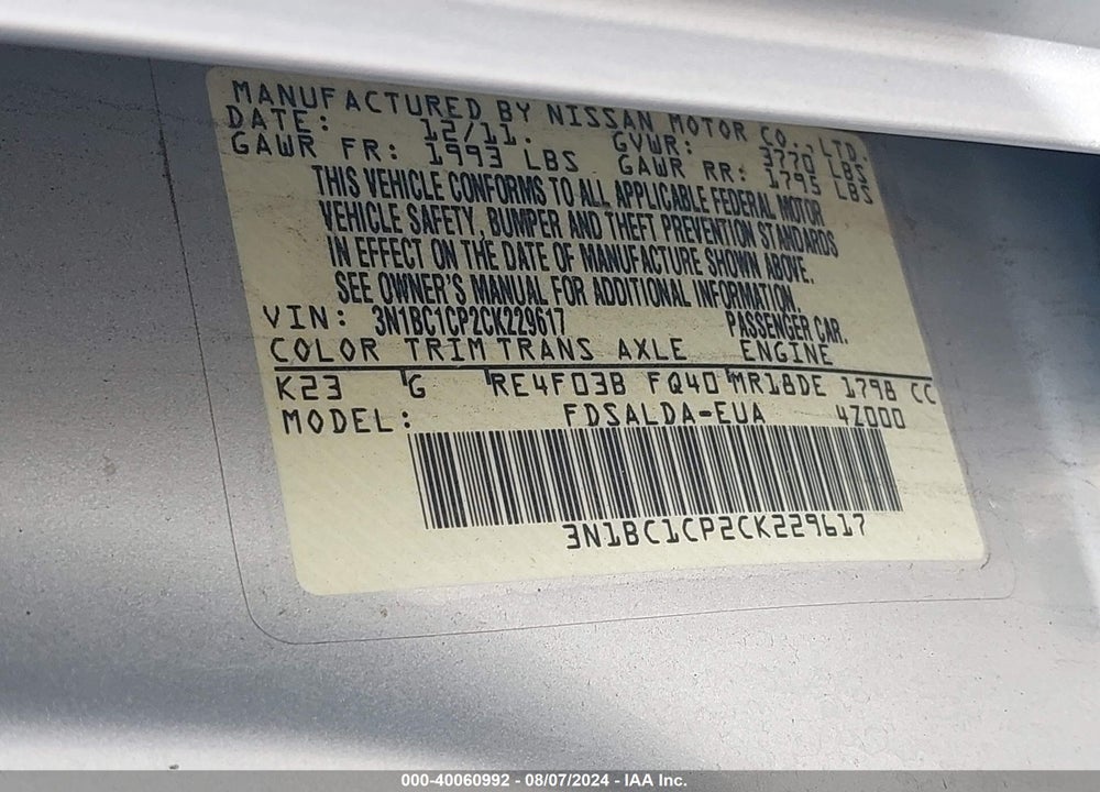 2012 NISSAN VERSA 1.8 S VIN: 3N1BC1CP2CK229617