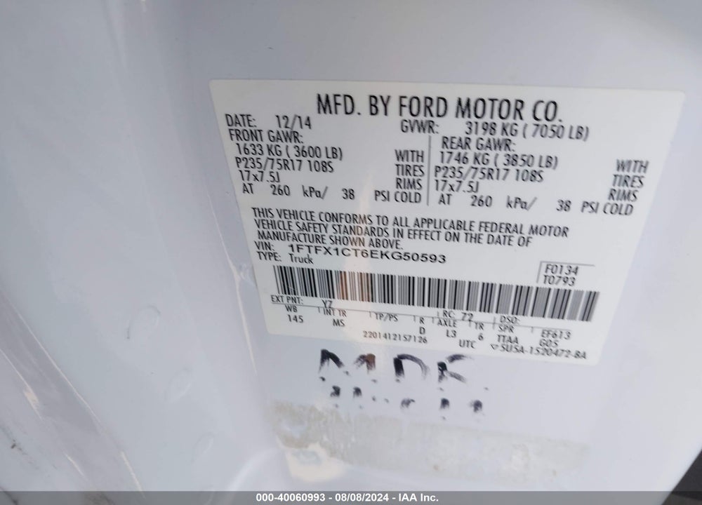 2014 FORD F-150 XLT VIN: 1FTFX1CT6EKG50593