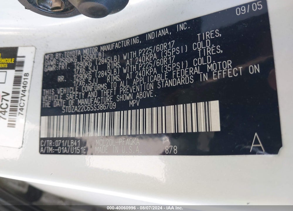 2005 TOYOTA SIENNA XLE LIMITED VIN: 5TDZA22C65S386709