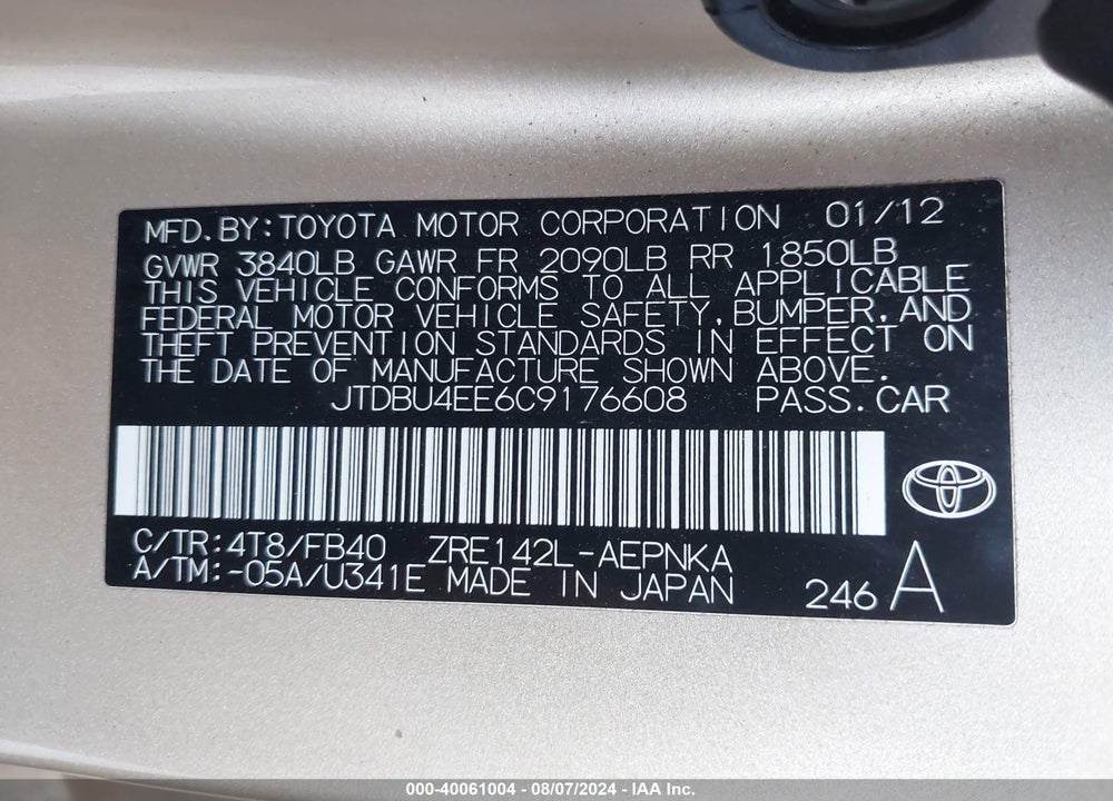 2012 TOYOTA COROLLA LE VIN: JTDBU4EE6C9176608