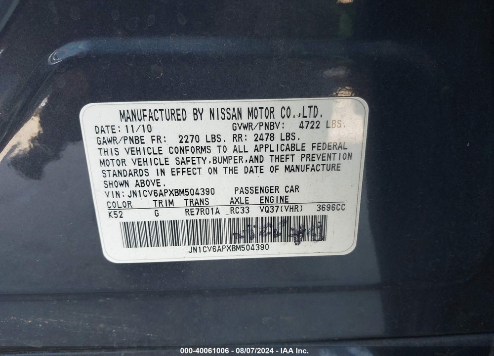 2011 INFINITI G37 JOURNEY VIN: JN1CV6APXBM504390