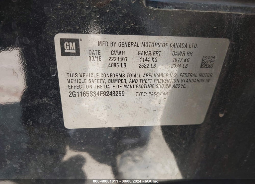 2015 CHEVROLET IMPALA 2LZ VIN: 2G1165S34F9243289