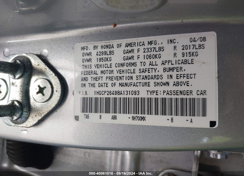 2008 HONDA ACCORD 2.4 LX-P VIN: 1HGCP26498A131093