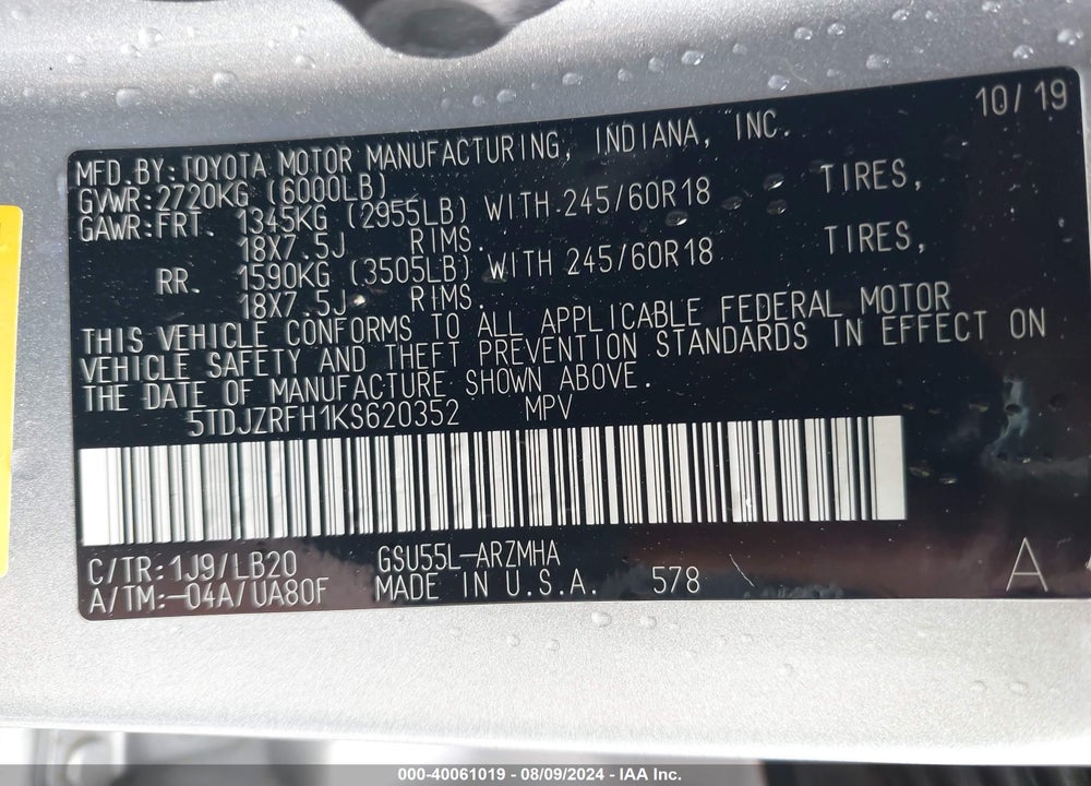 2019 TOYOTA HIGHLANDER XLE VIN: 5TDJZRFH1KS620352
