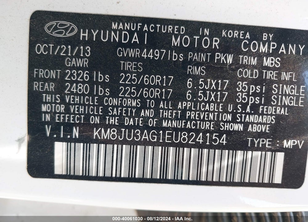 2014 HYUNDAI TUCSON SE VIN: KM8JU3AG1EU824154
