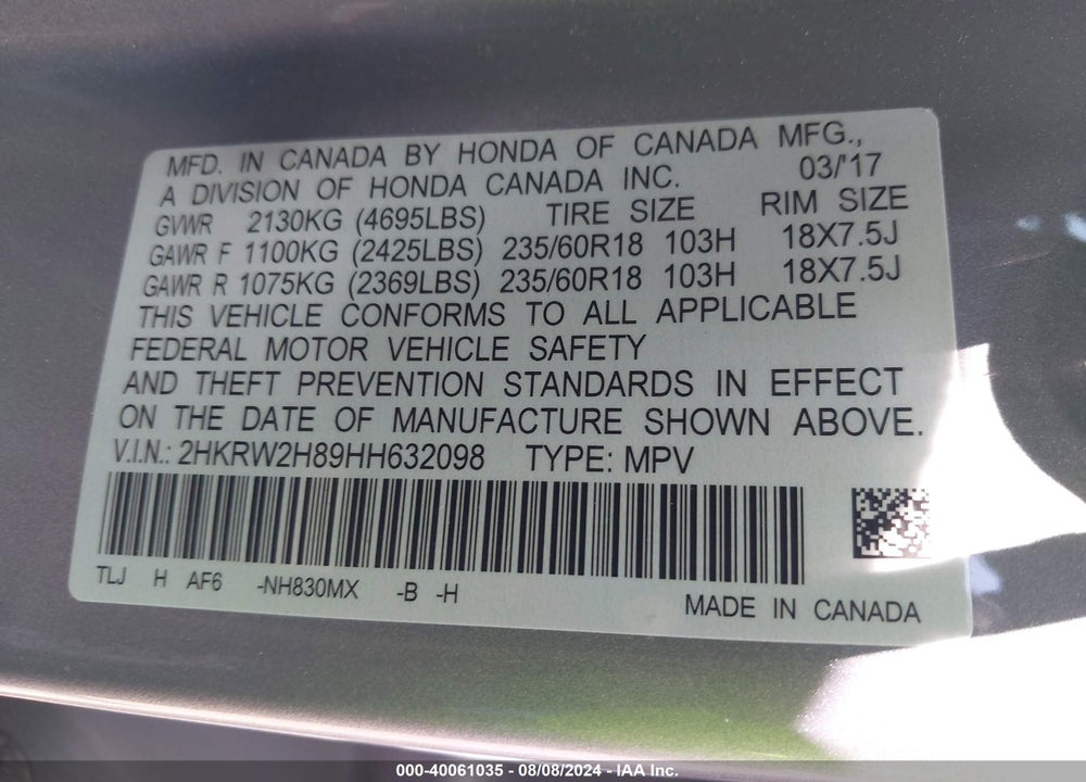 2017 HONDA CR-V EX-L/EX-L NAVI VIN: 2HKRW2H89HH632098