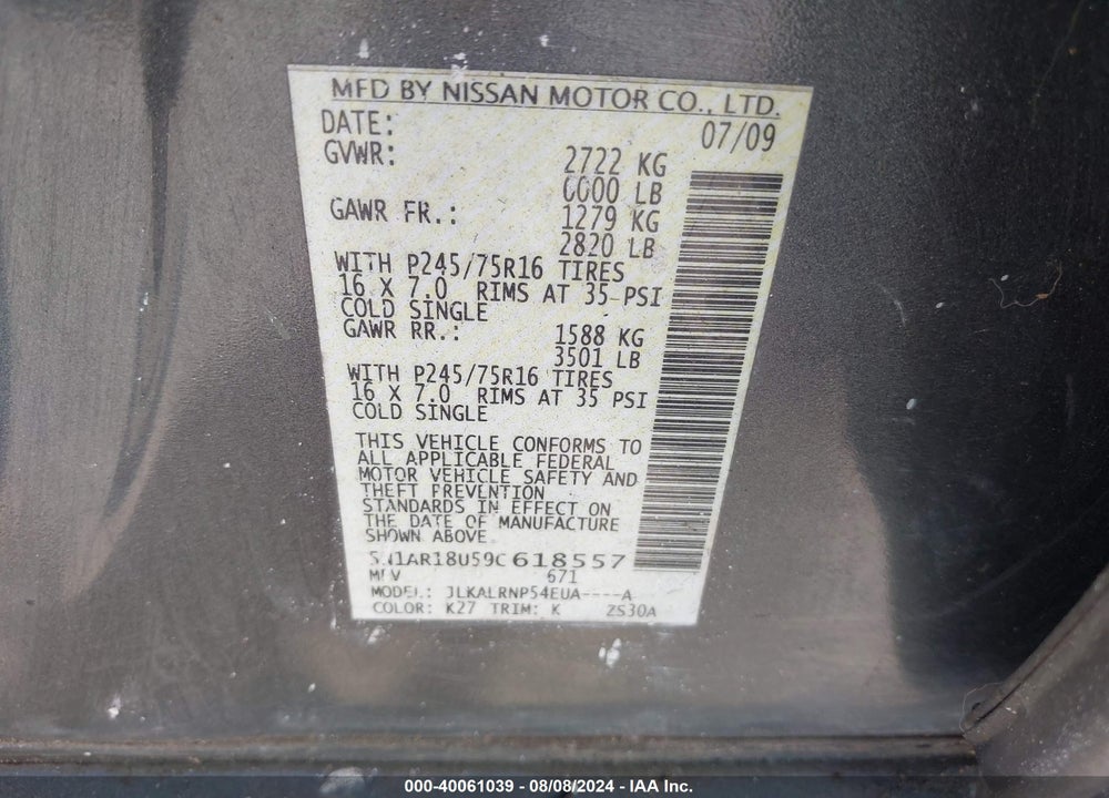 2009 NISSAN PATHFINDER S VIN: 5N1AR18U59C618557
