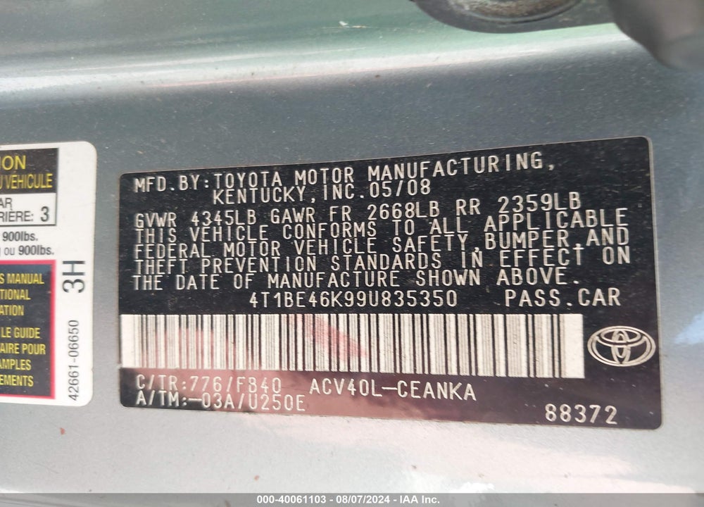 2009 TOYOTA CAMRY LE VIN: 4T1BE46K99U835350