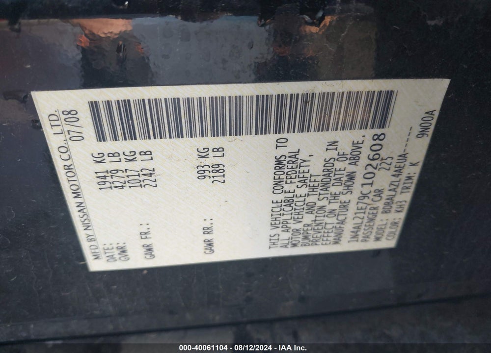 2009 NISSAN ALTIMA 2.5 VIN: 1N4AL21E79C102608