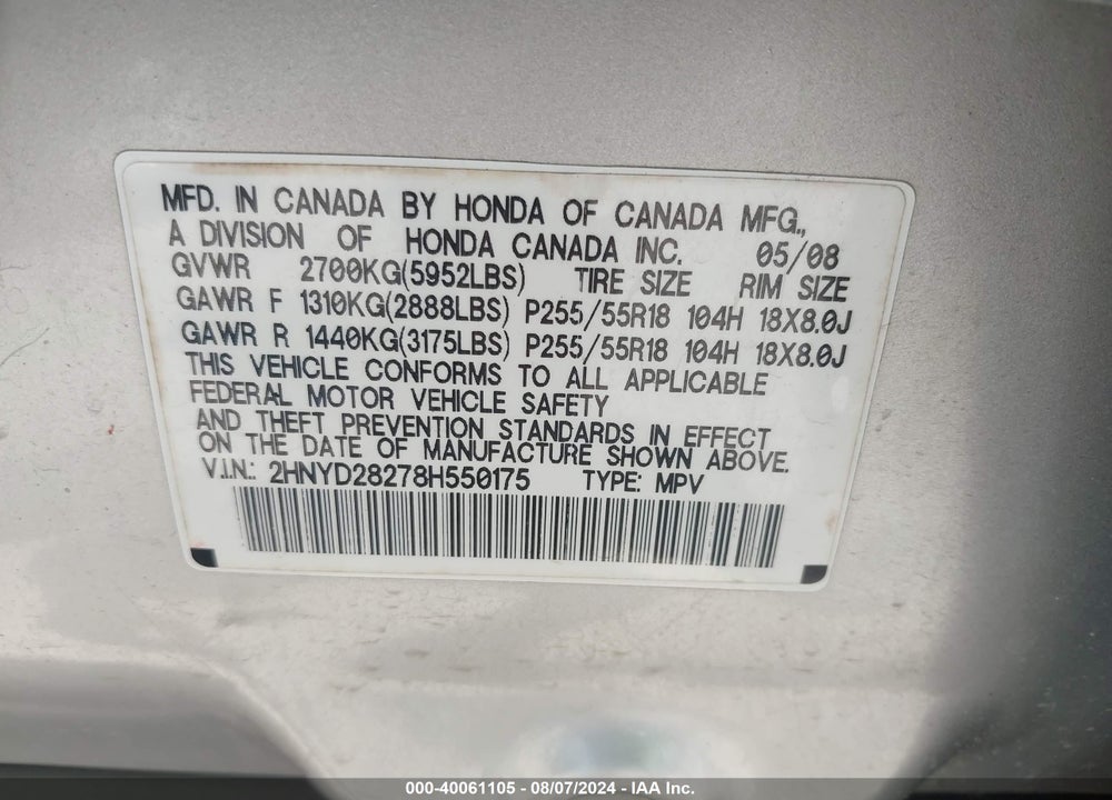 2008 ACURA MDX VIN: 2HNYD28278H550175