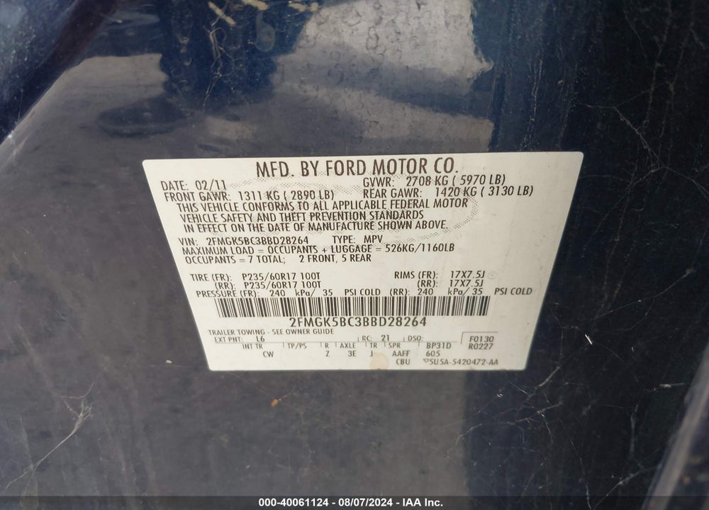 2011 FORD FLEX SE VIN: 2FMGK5BC3BBD28264