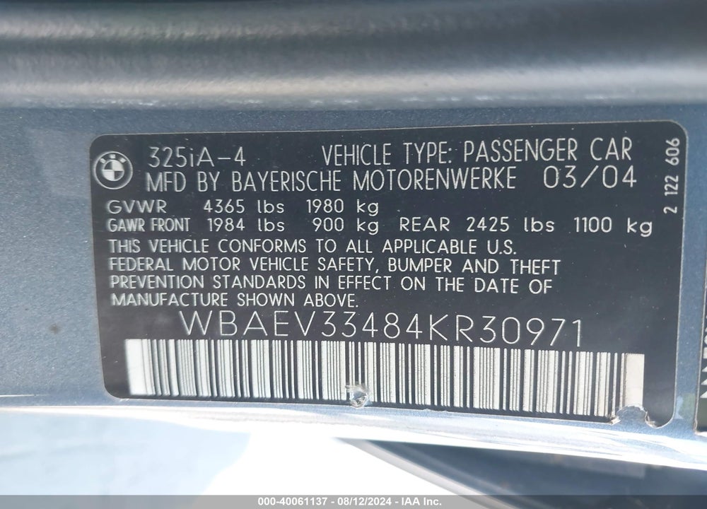 2004 BMW 325I VIN: WBAEV33484KR30971