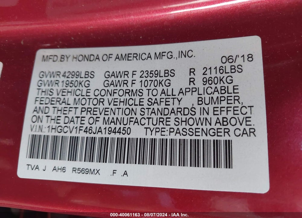 2018 HONDA ACCORD EX VIN: 1HGCV1F46JA194450