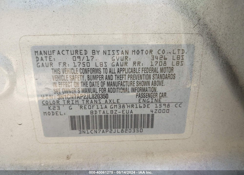2018 NISSAN VERSA 1.6 SV VIN: 3N1CN7AP2JL820350