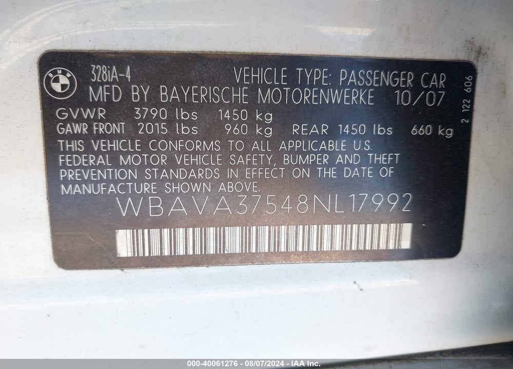 2008 BMW 328I VIN: WBAVA37548NL17992