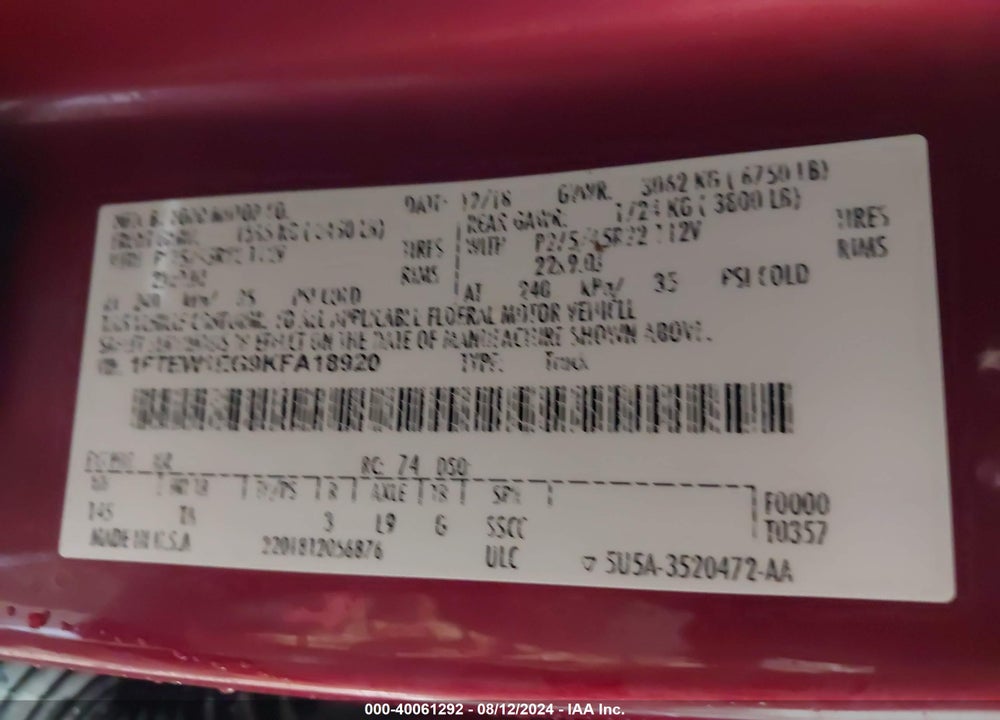 2019 FORD F-150 LIMITED VIN: 1FTEW1EG9KFA18920