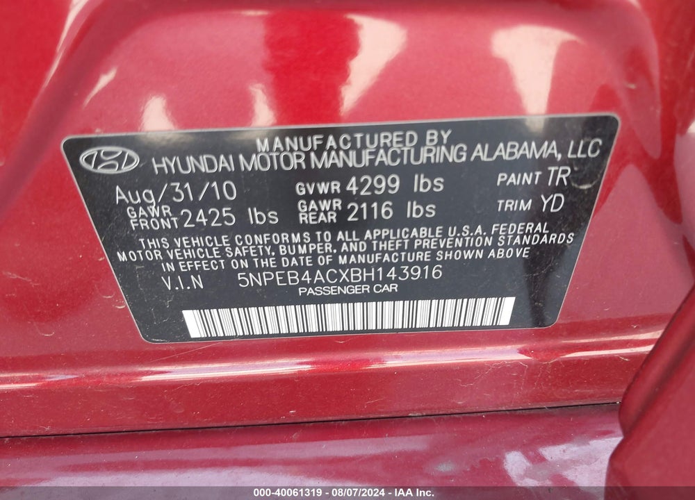 2011 HYUNDAI SONATA GLS VIN: 5NPEB4ACXBH143916