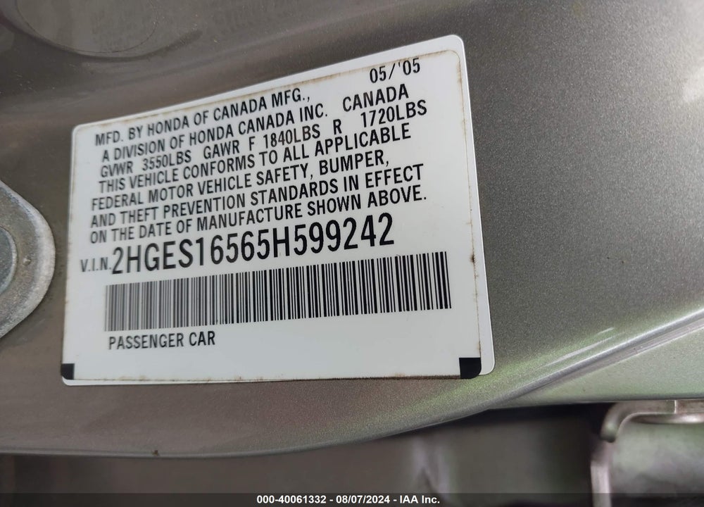 2005 HONDA CIVIC LX VIN: 2HGES16565H599242