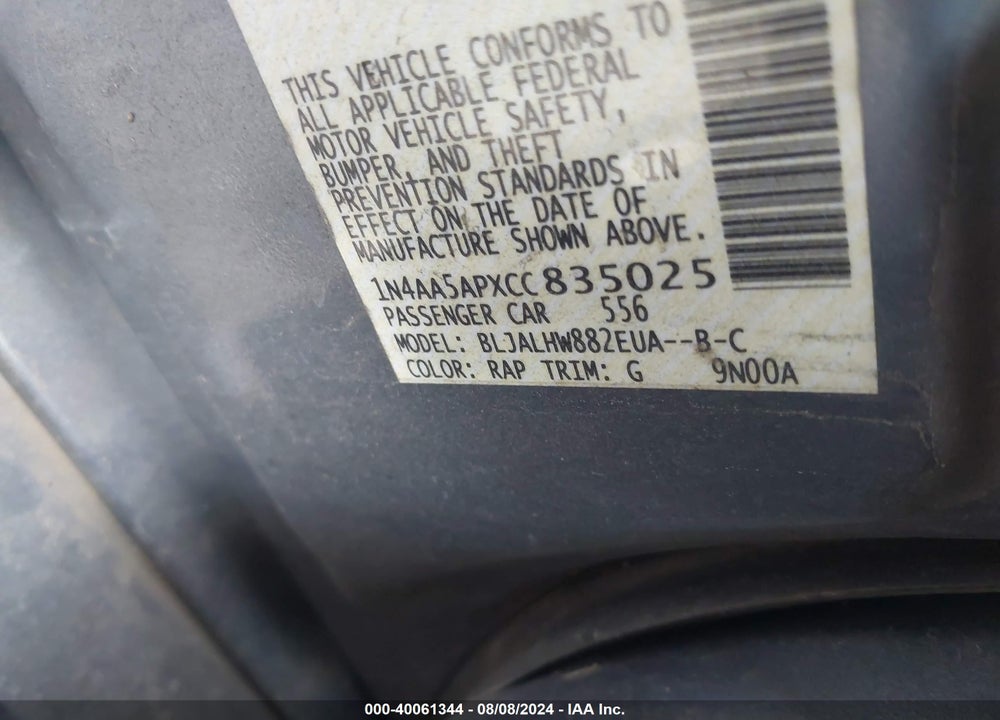 2012 NISSAN MAXIMA 3.5 SV VIN: 1N4AA5APXCC835025