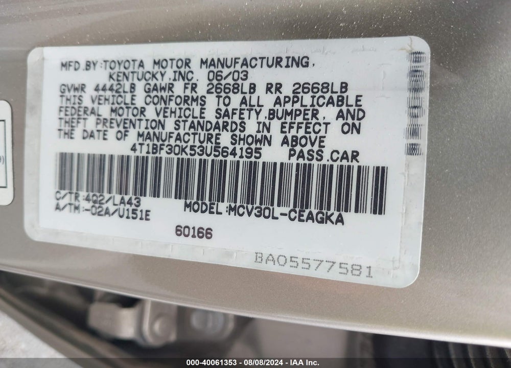 2003 TOYOTA CAMRY XLE V6 VIN: 4T1BF30K53U564195
