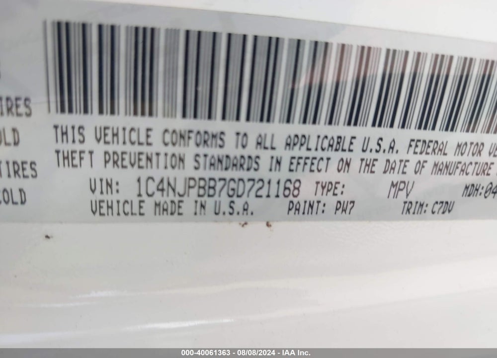 2016 JEEP PATRIOT SPORT VIN: 1C4NJPBB7GD721168