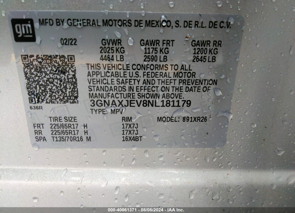 2022 CHEVROLET EQUINOX FWD 2FL VIN: 3GNAXJEV8NL181179