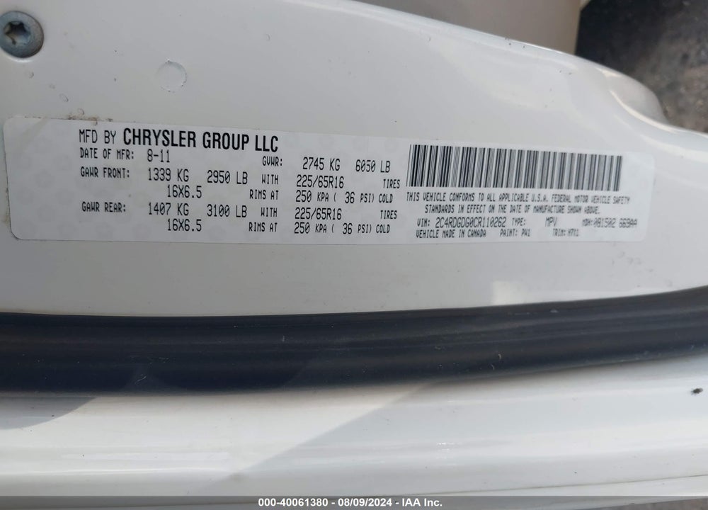 2012 DODGE GRAND CARAVAN CREW VIN: 2C4RDGDG0CR110262