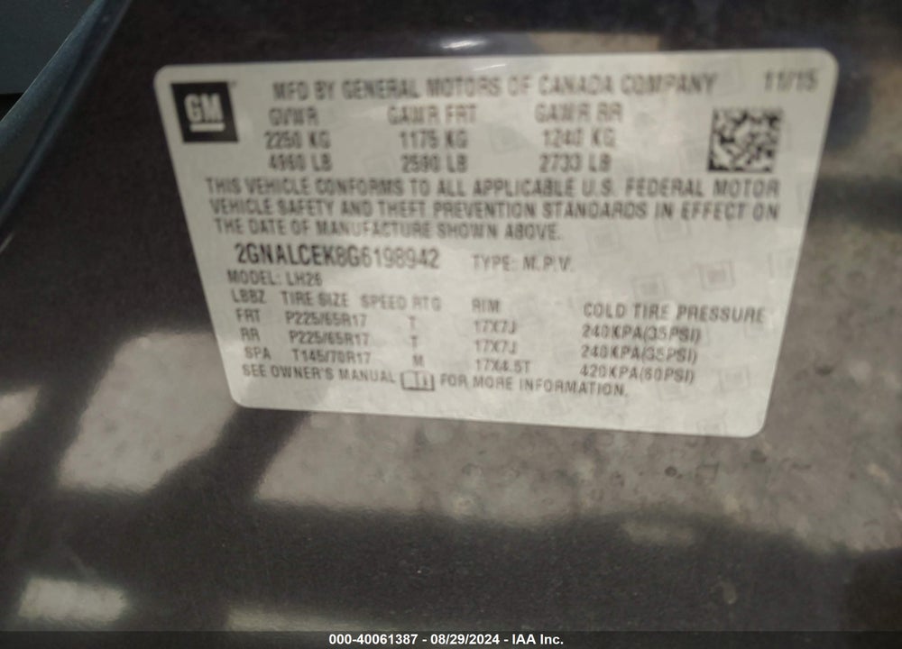 2016 CHEVROLET EQUINOX LT VIN: 2GNALCEK8G6198942