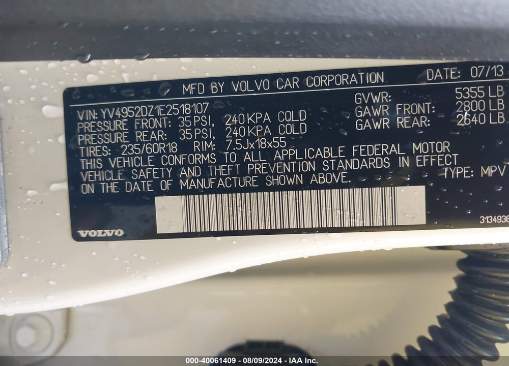 2014 VOLVO XC60 3.2 PREMIER + VIN: YV4952DZ1E2518107