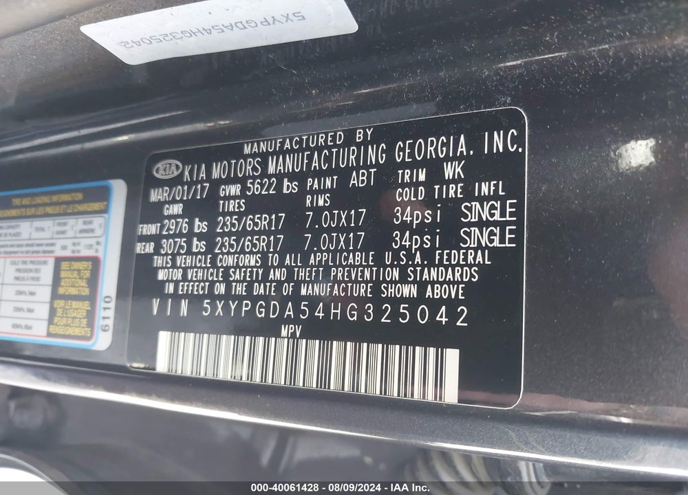 2017 KIA SORENTO 3.3L LX VIN: 5XYPGDA54HG325042