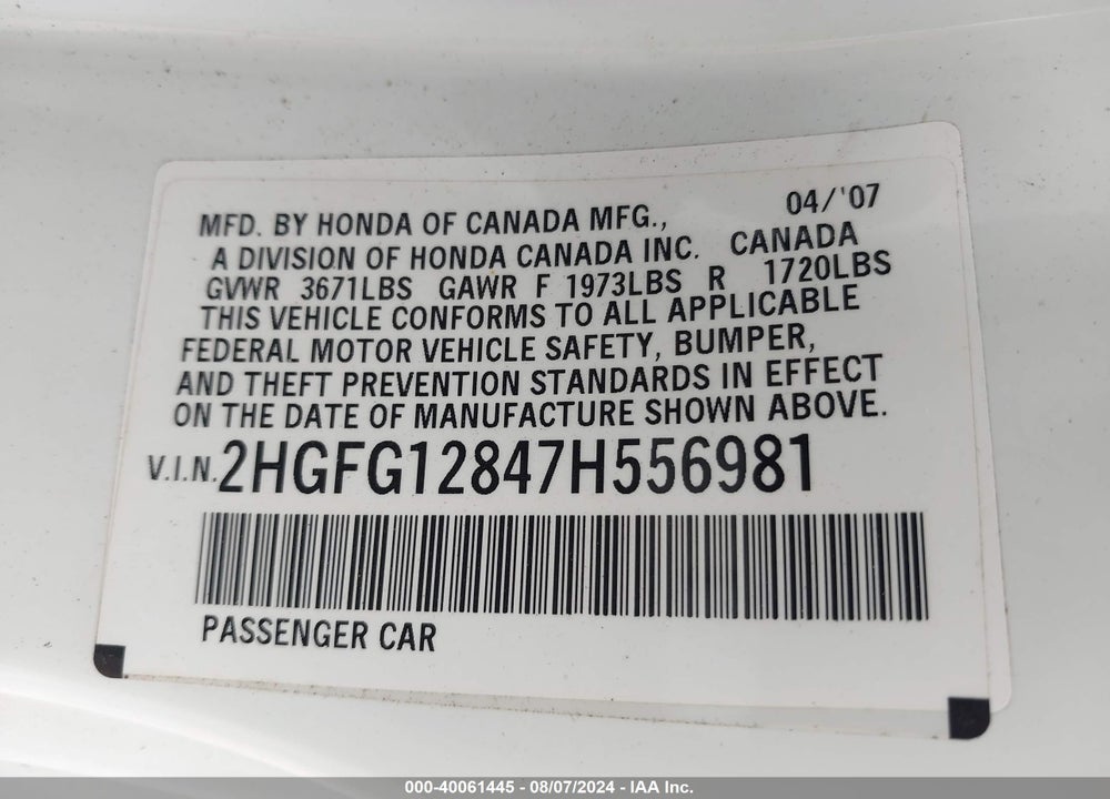 2007 HONDA CIVIC VIN: 2HGFG12847H556981