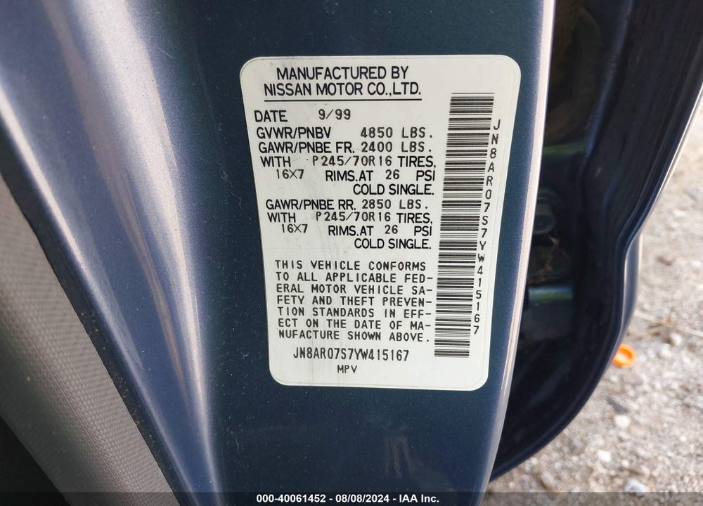 2000 NISSAN PATHFINDER LE/SE/XE VIN: JN8AR07S7YW415167