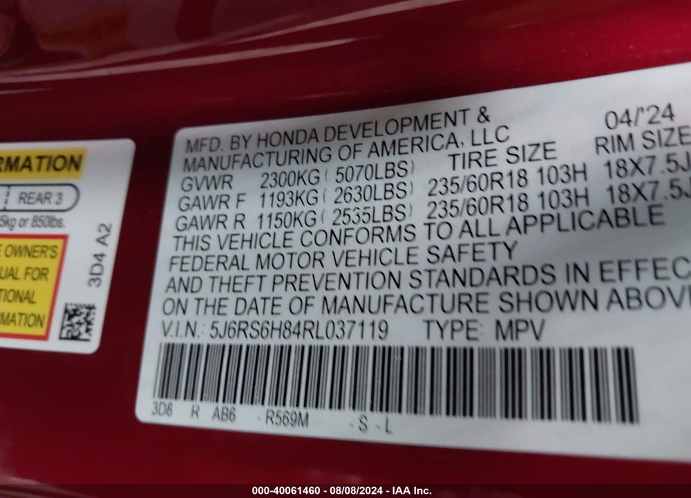 2024 HONDA CR-V HYBRID SPORT-L VIN: 5J6RS6H84RL037119