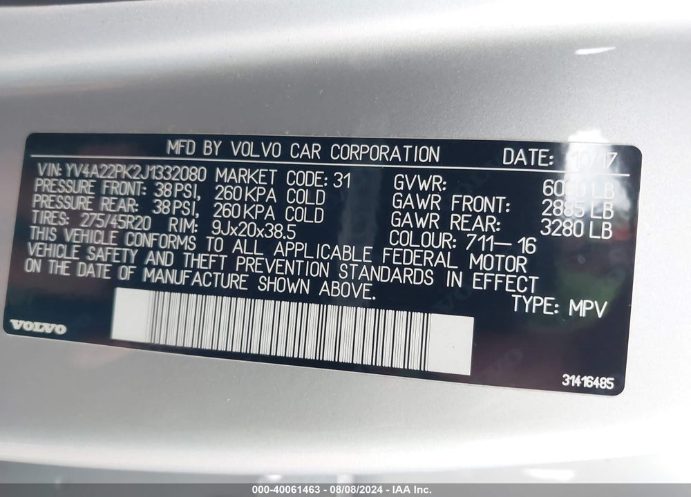 2018 VOLVO XC90 T6 MOMENTUM VIN: YV4A22PK2J1332080