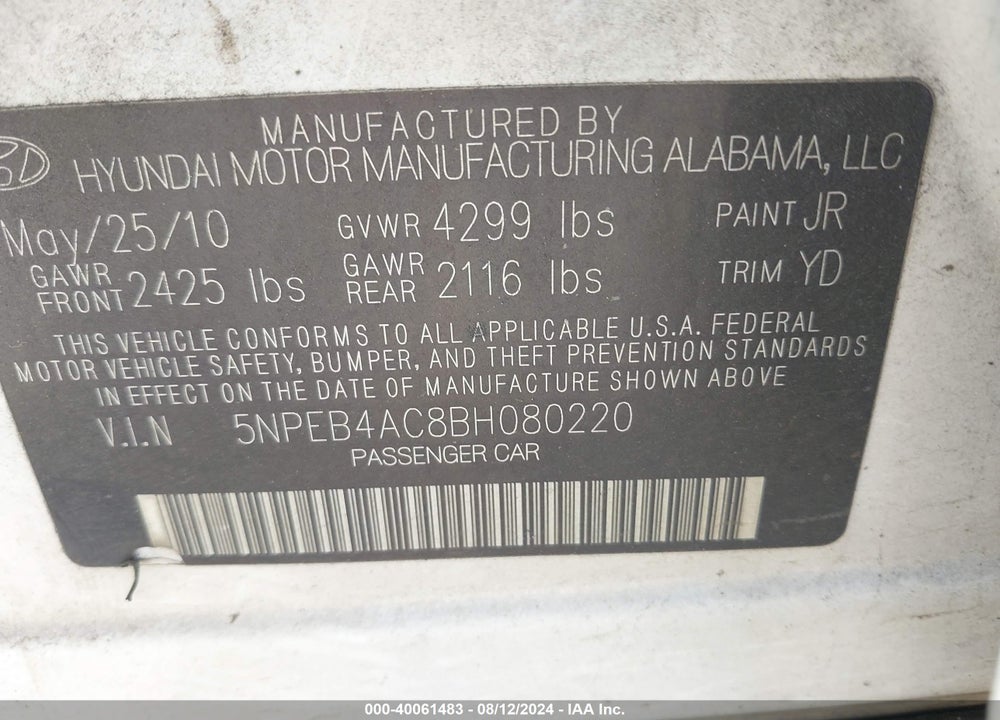 2011 HYUNDAI SONATA GLS VIN: 5NPEB4AC8BH080220