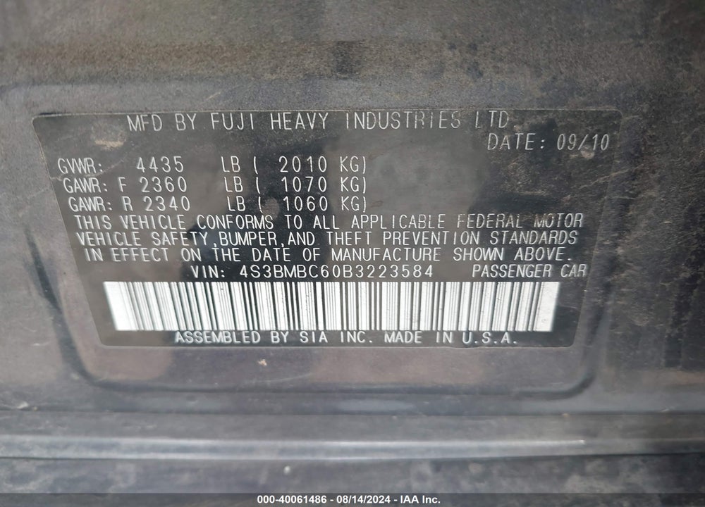 2011 SUBARU LEGACY 2.5I PREMIUM VIN: 4S3BMBC60B3223584
