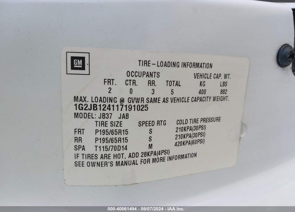 2001 PONTIAC SUNFIRE SE VIN: 1G2JB124117191025