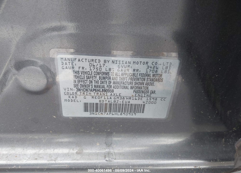 2017 NISSAN VERSA 1.6 SV VIN: 3N1CN7AP6HL890959