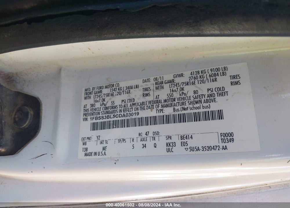 2012 FORD ECONOLINE E350 SUPER DUTY WAGON VIN: 1FBSS3BL5CDA03019