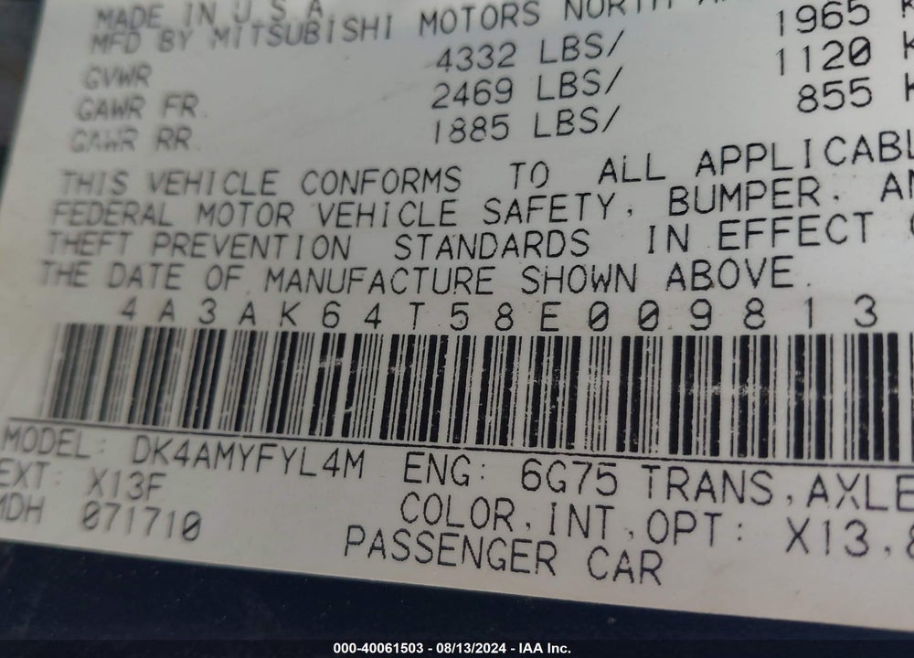 2008 MITSUBISHI ECLIPSE SE-V6 VIN: 4A3AK64T58E009813