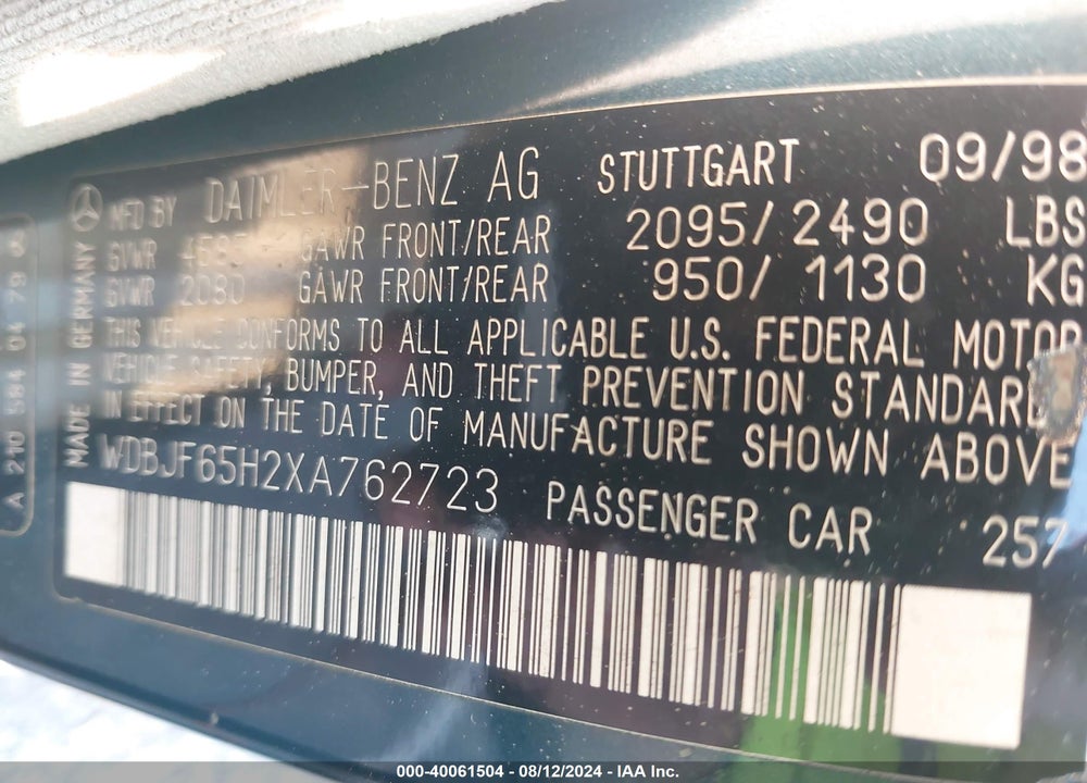 1999 MERCEDES-BENZ E 320 VIN: WDBJF65H2XA762723