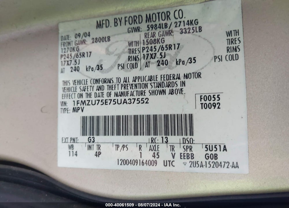 2005 FORD EXPLORER LIMITED VIN: 1FMZU75E75UA37552