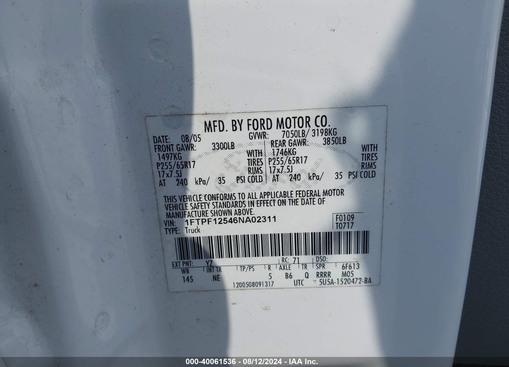 2006 FORD F-150 XL/XLT VIN: 1FTPF12546NA02311