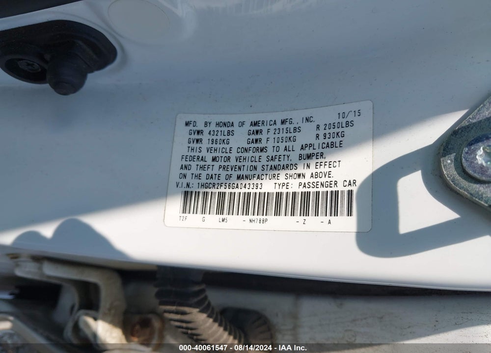 2016 HONDA ACCORD SPORT VIN: 1HGCR2F56GA043393